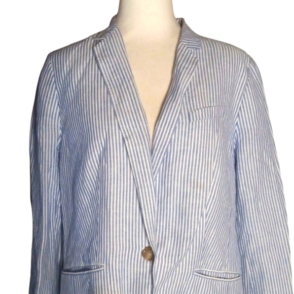Talbots Blue White Breton Stripe Linen Cotton Blend Single Button Blazer Size 12 - Picture 2 of 8